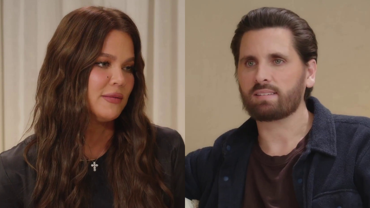 Khloé Kardashian and Scott Disick in conversation. (L) Khloé has long brown hair, wearing a black top. (R) Scott has short hair and a beard.