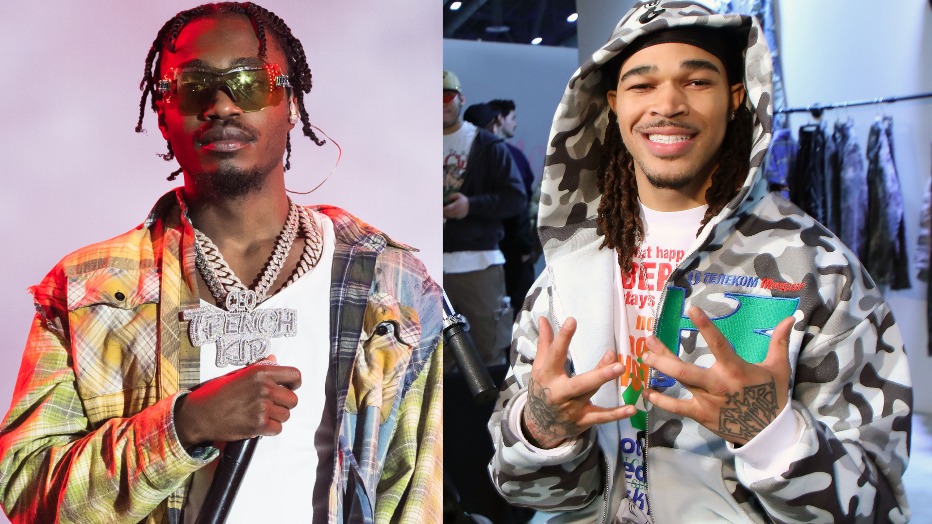 Two men posing confidently; one wears sunglasses and a plaid jacket, the other in a camo hoodie with long hair and a beanie.