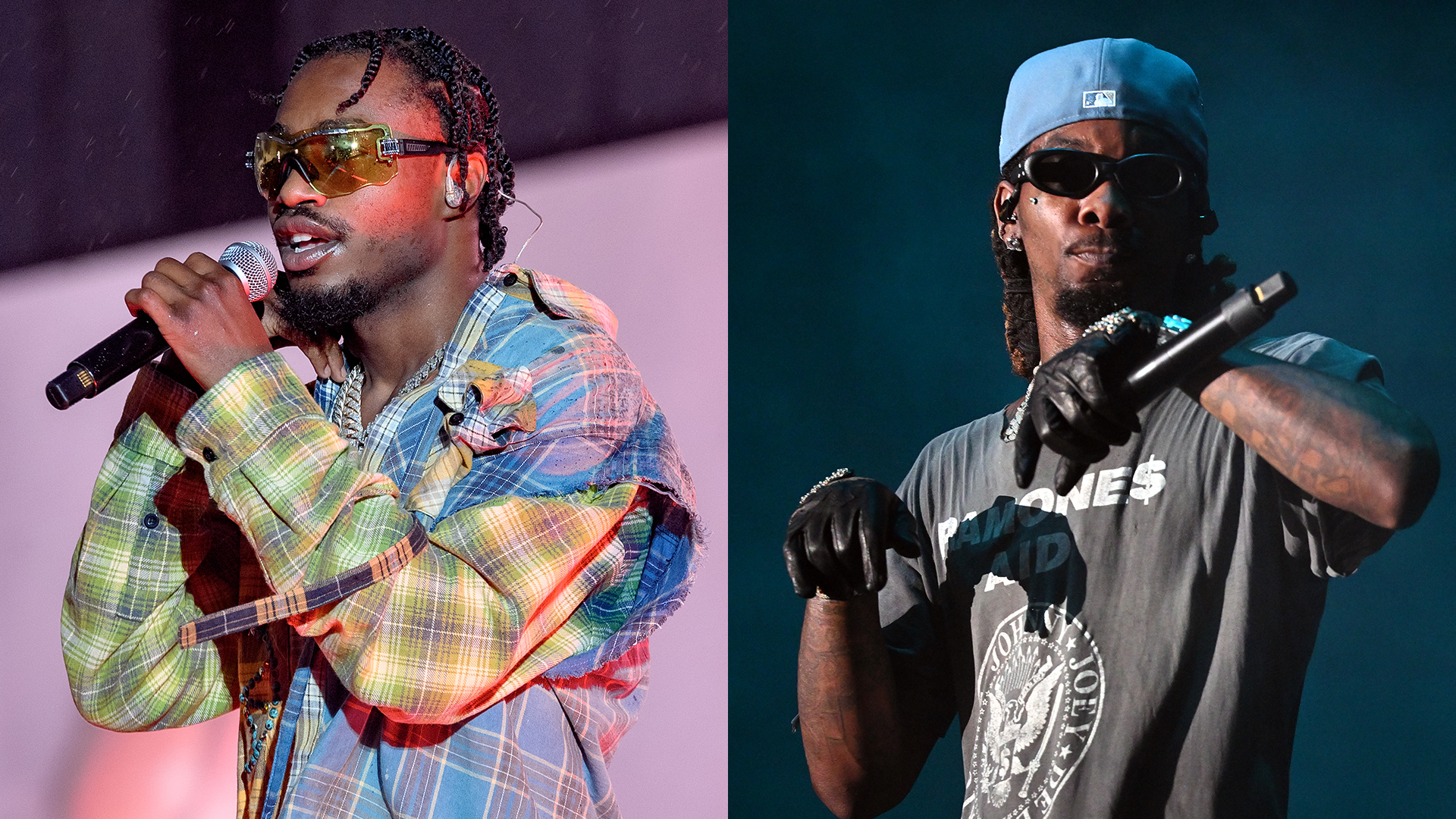 (L) Lil Tjay performs at Rolling Loud. (R) Offset performs at Revolt World.
