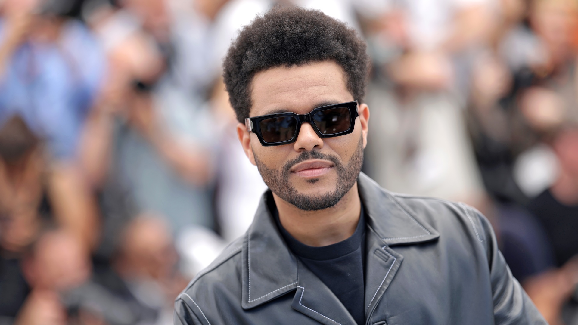 The Weeknd wearing sunglasses and a leather jacket, with a blurred crowd in the background.