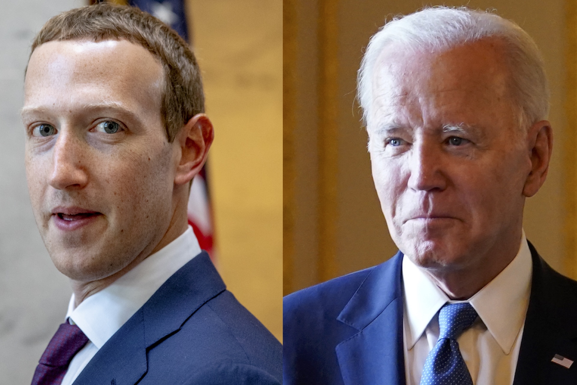 Mark Zuckerberg and Joe Biden, both in suits, appear in a split image. Zuckerberg looks to the side, while Biden gazes forward.