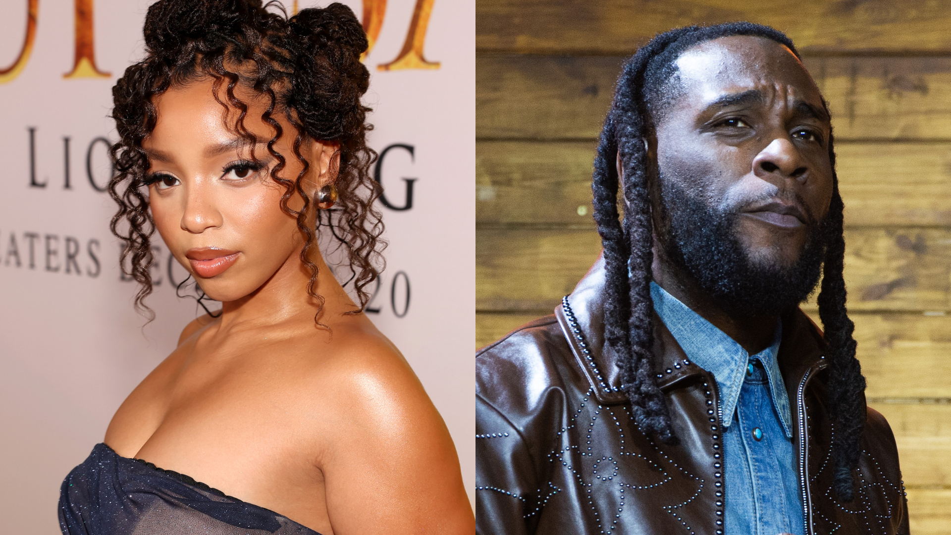 Chloe Bailey and Burna Boy are pictured. Chloe is in a strapless dress with curly hair, and Burna Boy wears a leather jacket and braids.