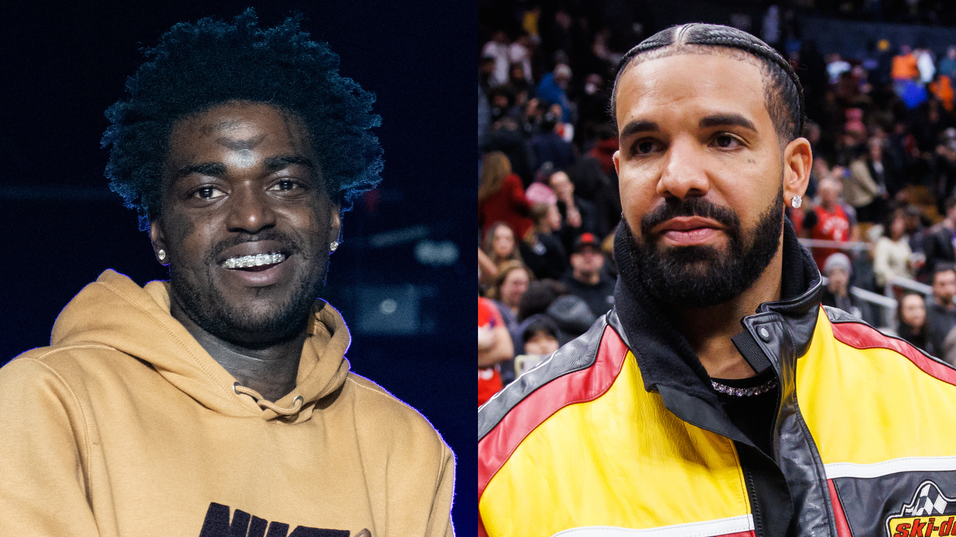 (L) Kodak Black in a beige hoodie, smiling. (R) Drake in a yellow and black jacket, standing at an event.