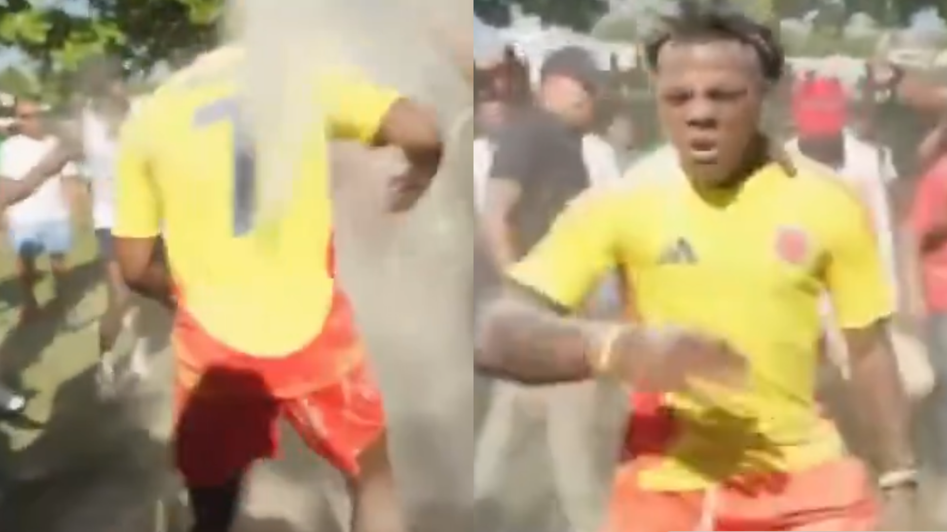 A person in a yellow soccer jersey with the number 7 is surrounded by people outdoors. Dust or powder is in the air.