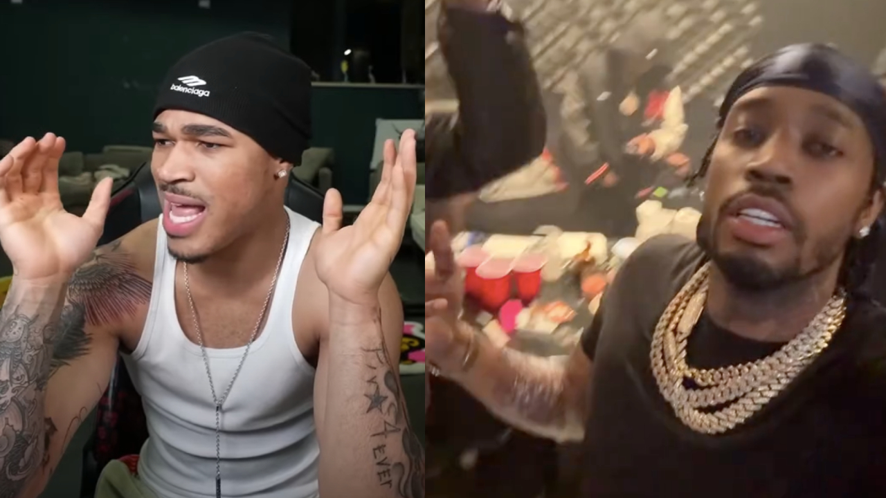 Max with tattoos wearing a tank top and beanie, Fivio with necklaces and a durag, in a party setting.