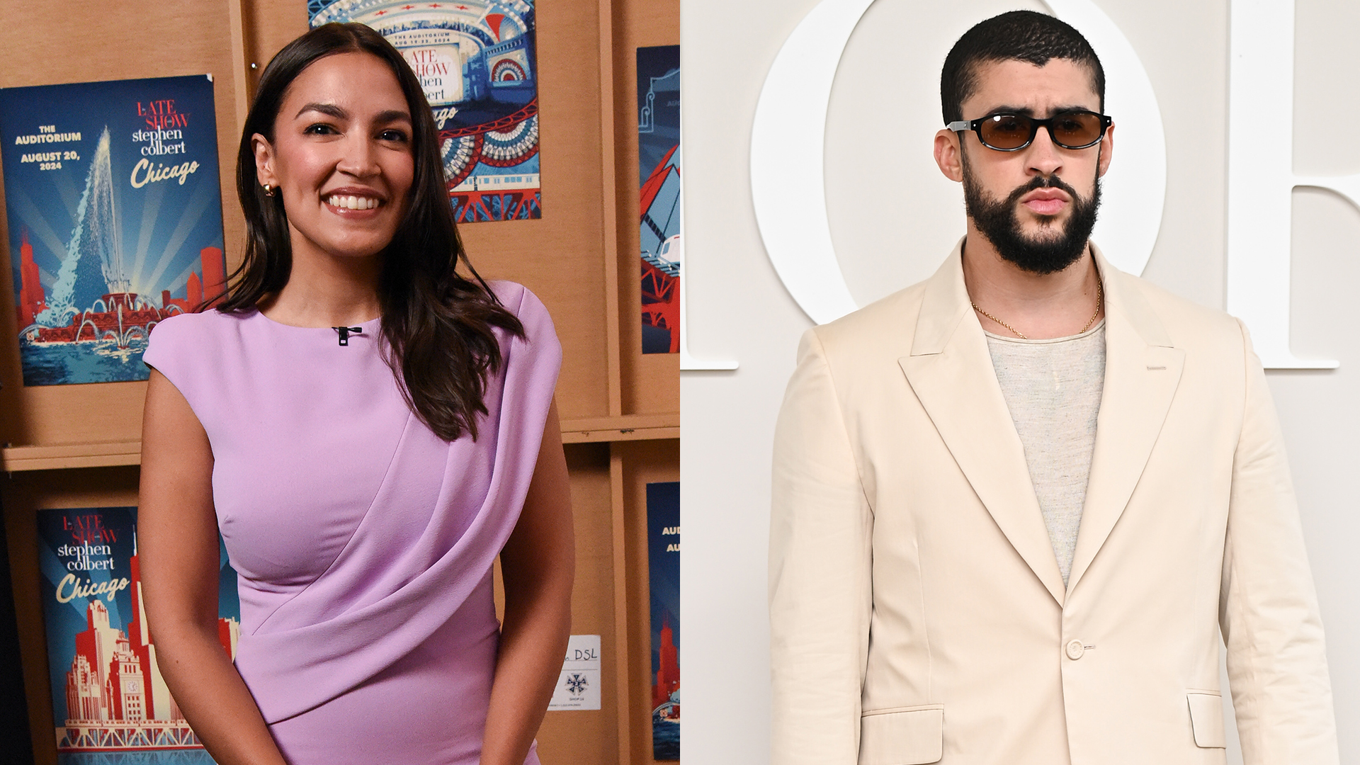 Alexandria Ocasio-Cortez and Bad Bunny in a split image.
