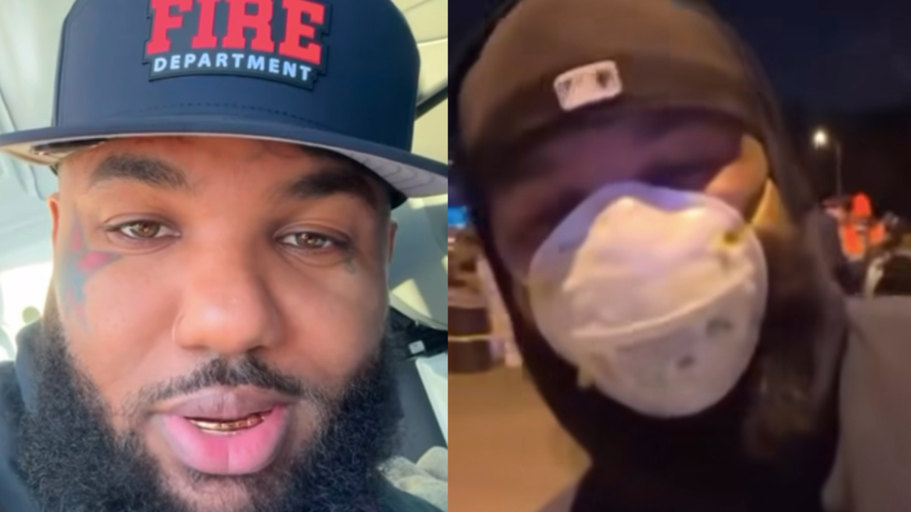 Game wearing a "FIRE DEPARTMENT" cap on the left, and wearing a mask and cap on the right.