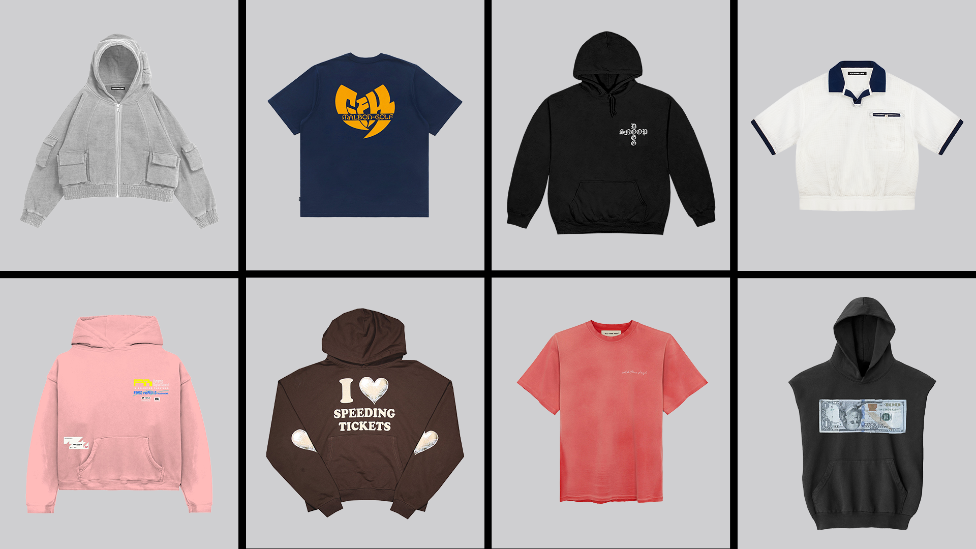 A grid of eight casual tops, including hoodies, t-shirts, and a polo shirt in various colors and designs.