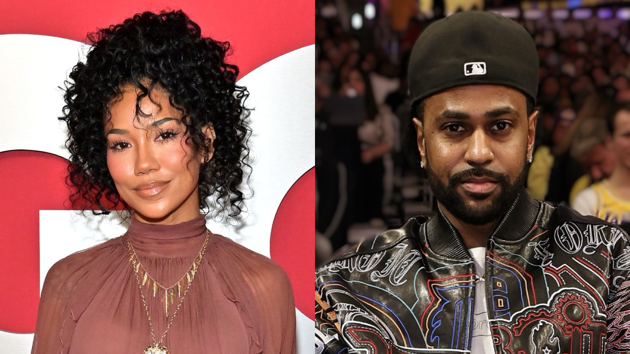 Jhené Aiko in a brown top with curly hair, and Big Sean in a black cap and jacket, side by side in separate settings.