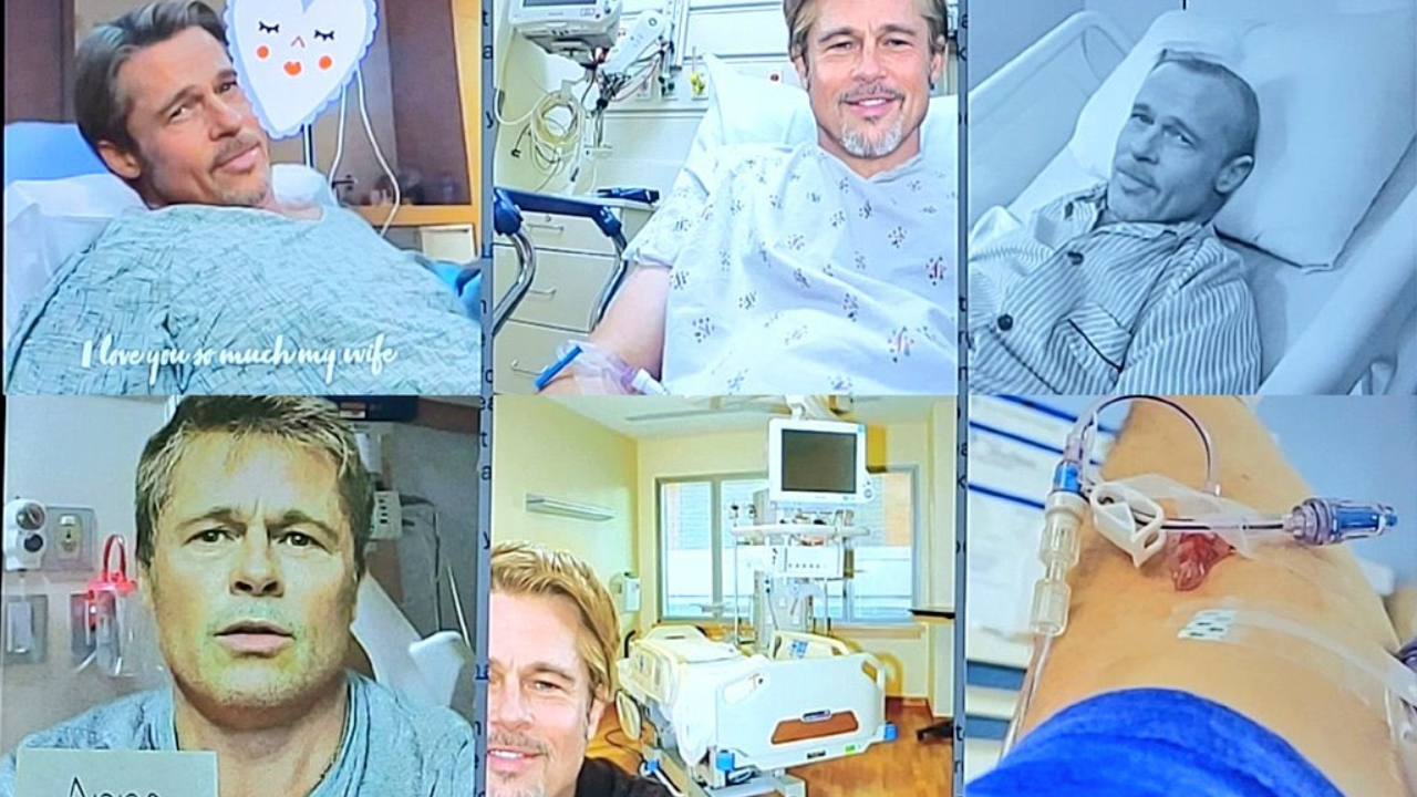 A collage of images featuring Fake Brad Pitt in a hospital setting, lying in bed with medical equipment around.