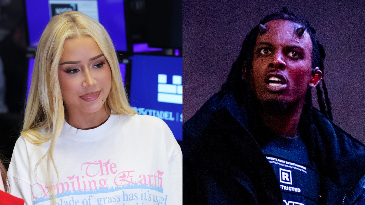 Iggy Azalea with long blonde hair and a white shirt, alongside Playboi Carti with braided hair and a dark jacket.
