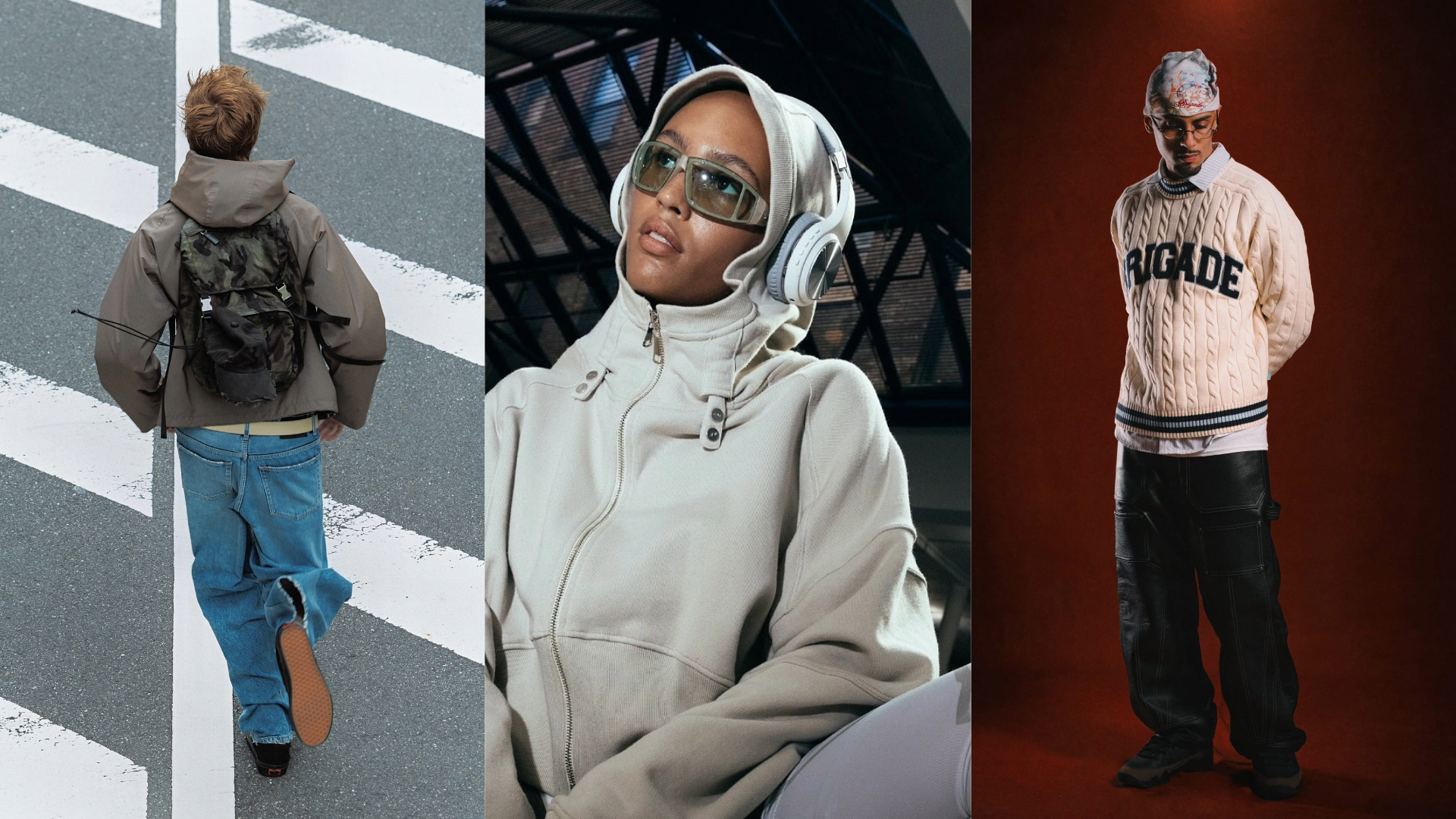 A collage of three fashion images: a person walking on a crosswalk, a person in a hooded jacket with sunglasses, and a person in a sweater with "BRIGADE" text.