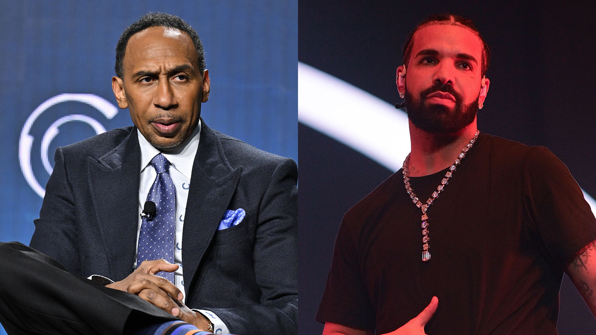 (L) Stephen A. Smith wearing a suit and blue tie. (R) Drake onstage wearing a black T-shirt and diamond chain.