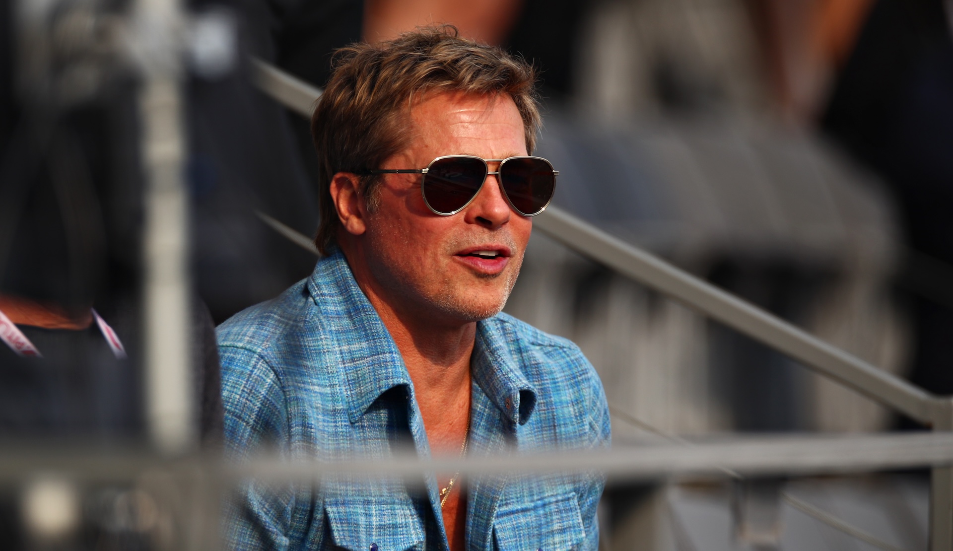 Brad Pitt looks on from the grandstand during the F1 Grand Prix of Mexico at Autodromo Hermanos Rodriguez on October 27, 2024 in Mexico City, Mexico.