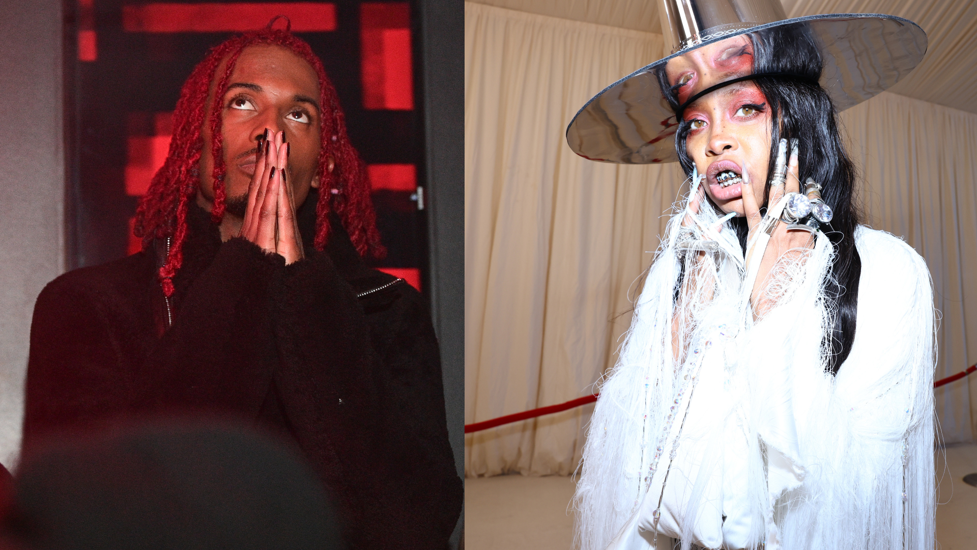 Playboi with red hair and hands in prayer, Badu in a white outfit and metallic hat.