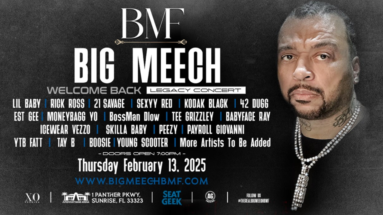 Concert poster for "Big Meech Welcome Back Legacy Concert" featuring Lil Baby, Rick Ross, 21 Savage, Kodak Black, and more on February 13, 2025.