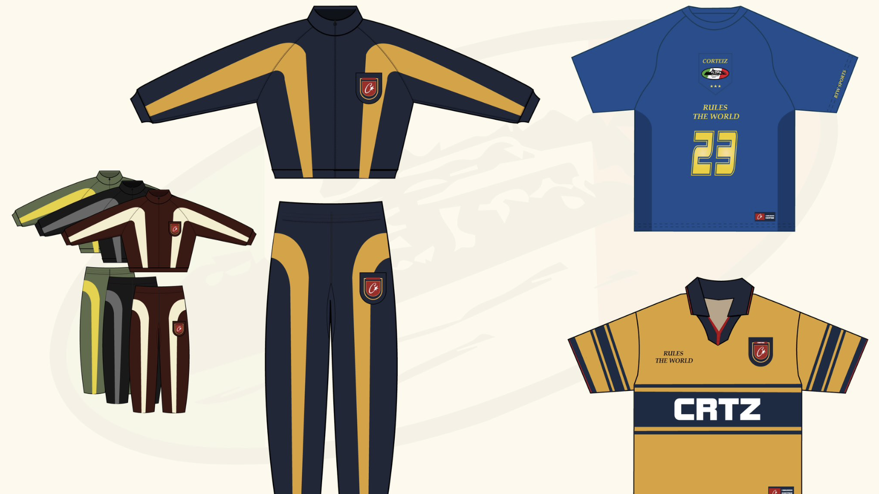 Illustration of various sportswear designs, including tracksuits and jerseys in blue, gold, and brown colors with logos and numbers.