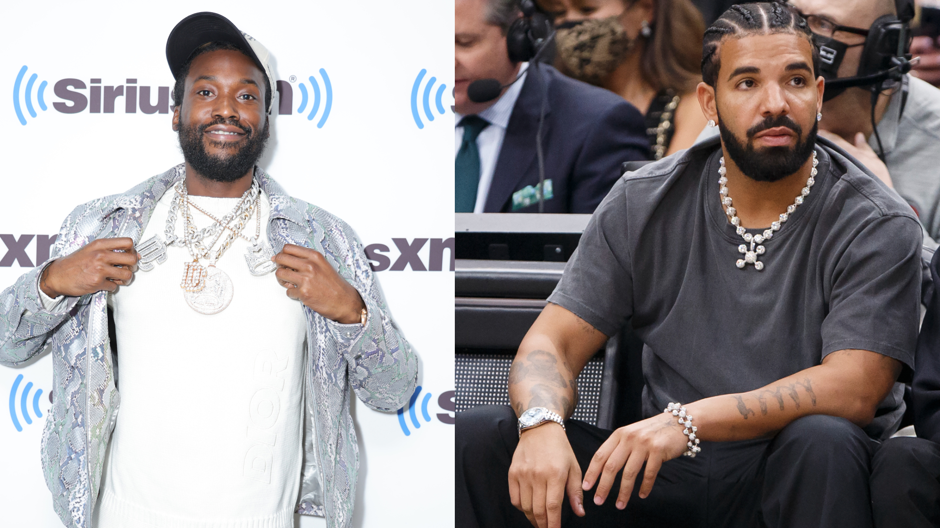 Meek Mill wearing a cap and chains at a SiriusXM event; Drake sitting courtside, wearing a dark shirt and jewelry.