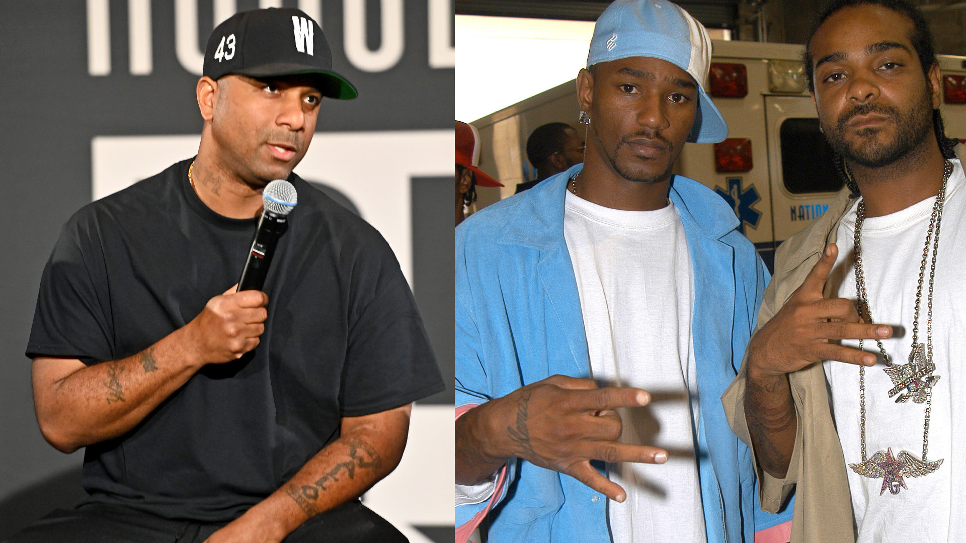 Wallo speaking into a mic; Cam'ron in blue and white with a cap; Jim Jones in a white shirt with necklaces, posing together.