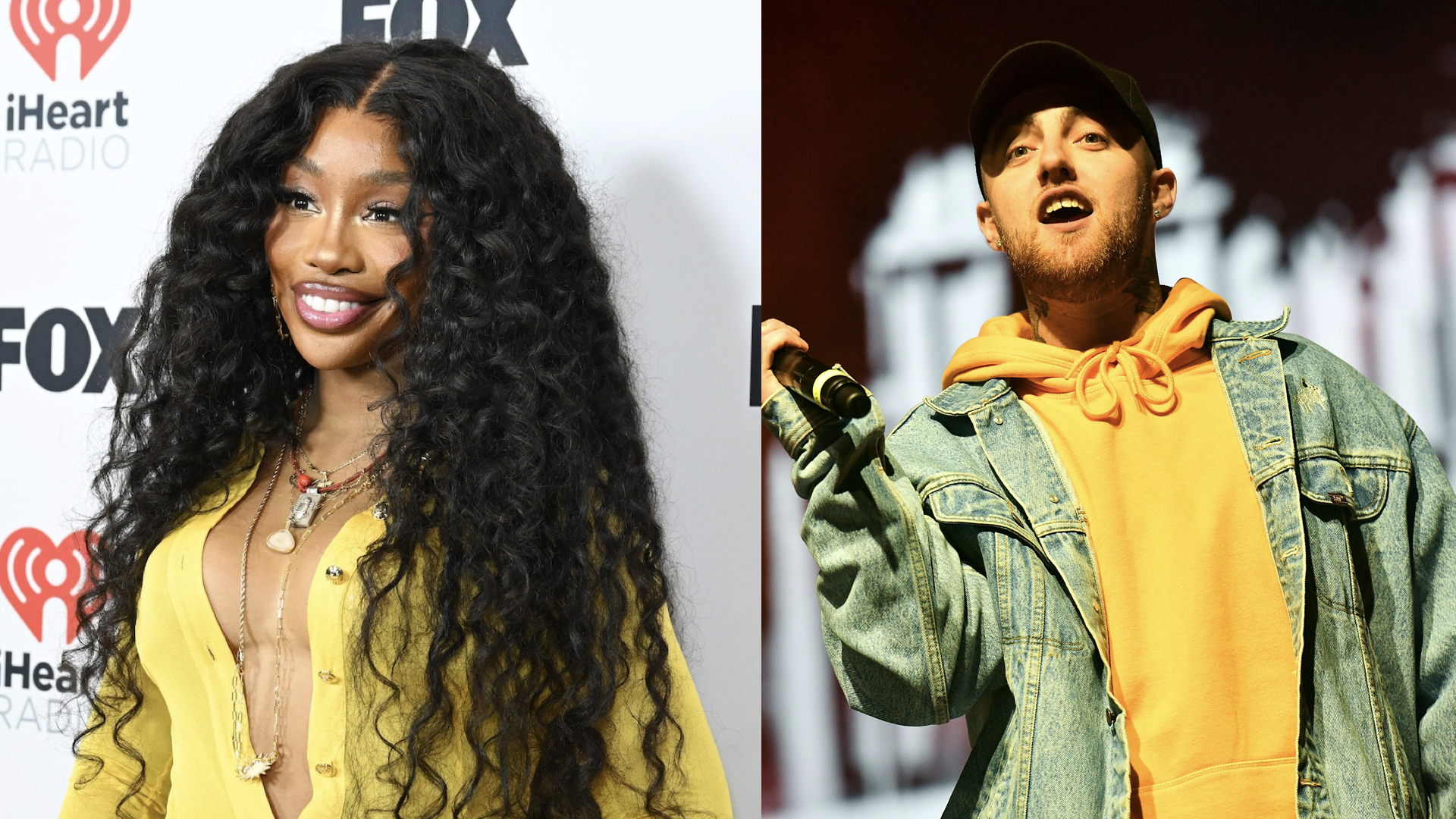 SZA, winner of the R&B Song of the Year, R&B Album of the Year, and R&B Artist of the Year awards, poses in the press room at the 2024 iHeartRadio Music Awards held at the Dolby Theatre on April 1, 2024 in Los Angeles, California/Rapper Mac Miller performs onstage during the Smokers Club Festival at The Queen Mary on April 29, 2018 in Long Beach, California.