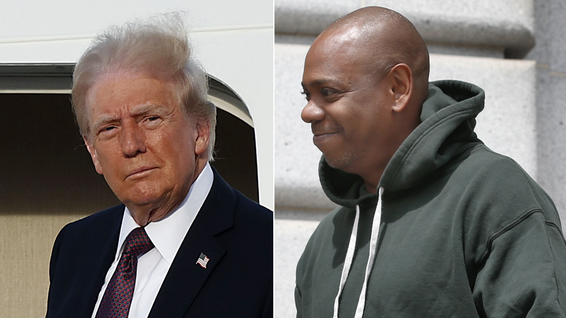 Donald Trump on the left, wearing a suit, and Dave Chappelle on the right, in a green hoodie, both outdoors.