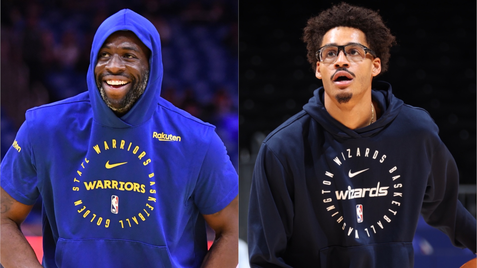 (L) Draymond Green in a short-sleeve blue Warriors hoodie. (R) Jordan Poole in a dark blue Wizards hoodie.