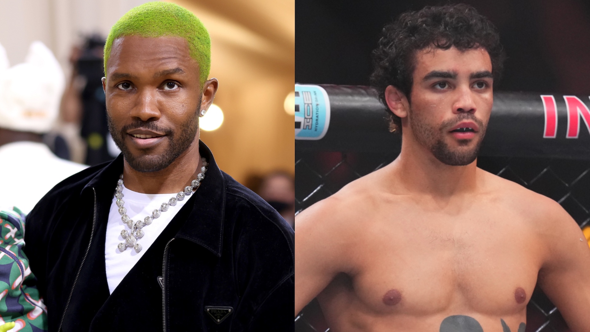 (L) Frank Ocean sporting bright green hair and a black Prada jacket. (R) UFC fighter Payton Talbott bare-chested in a fighting ring.