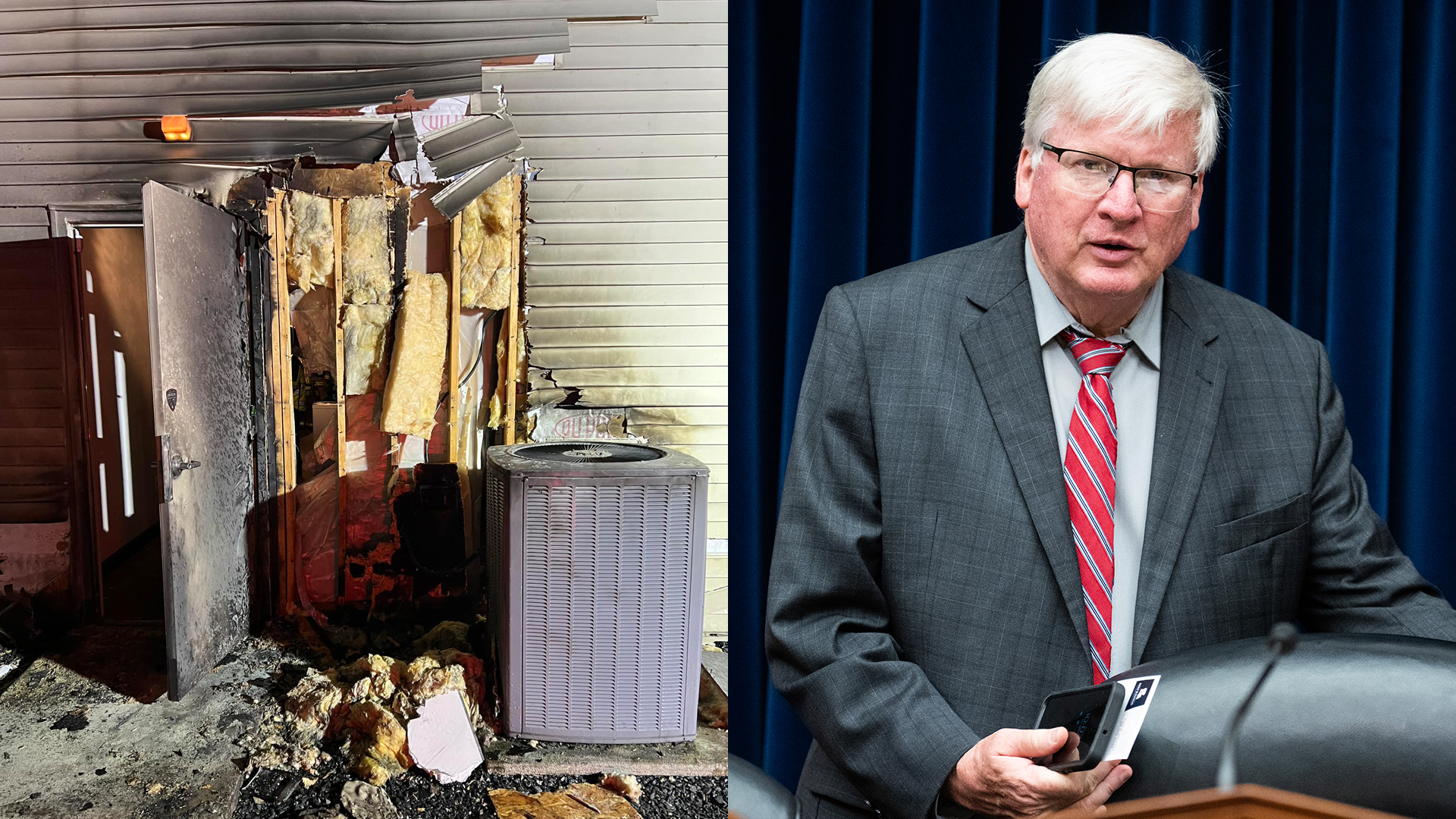 A fire at Republican Rep. Glenn Grothman's office and him at the House in a split image.