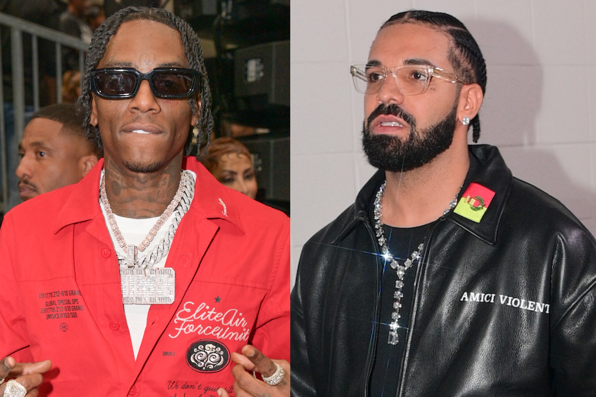 Two images side by side: Soulja Boy in a red jacket with sunglasses and jewelry, and Drake in a black leather jacket with glasses and a chain.