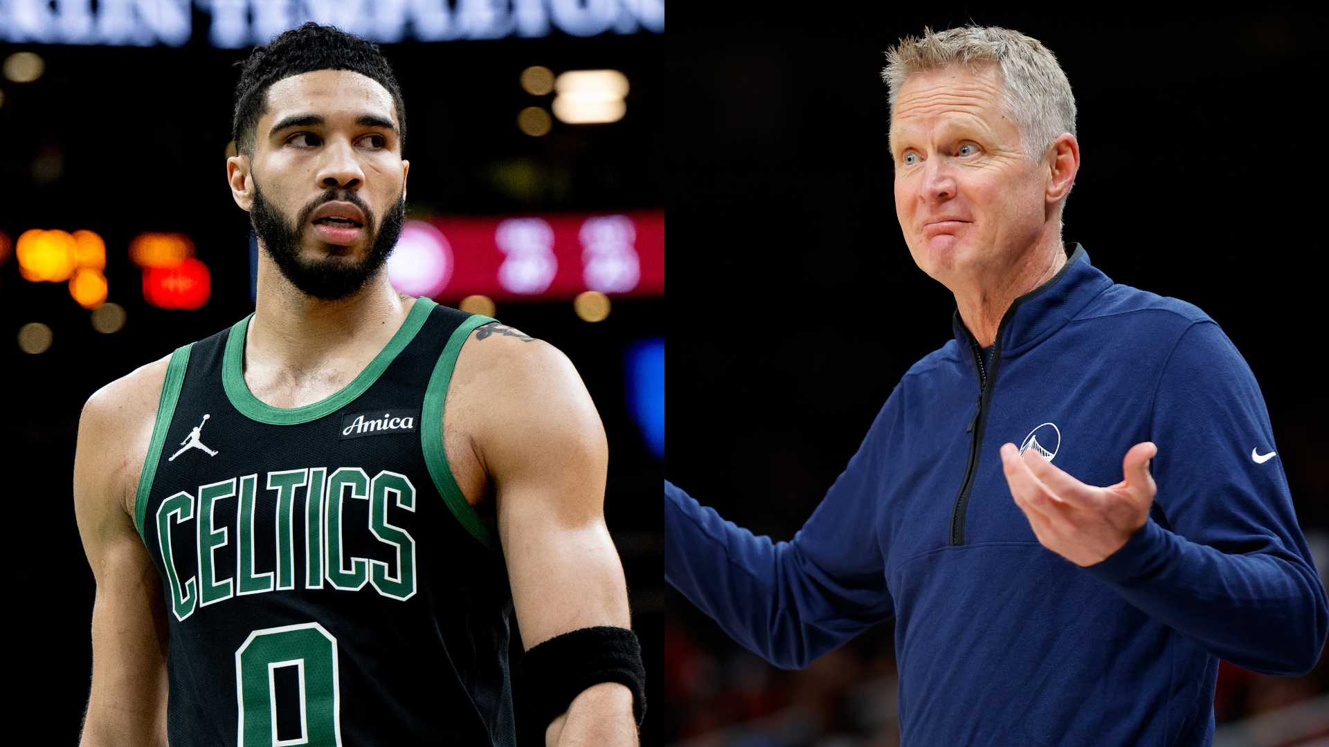 Jayson Tatum in a Celtics jersey and Steve Kerr gesturing, wearing a blue jacket.