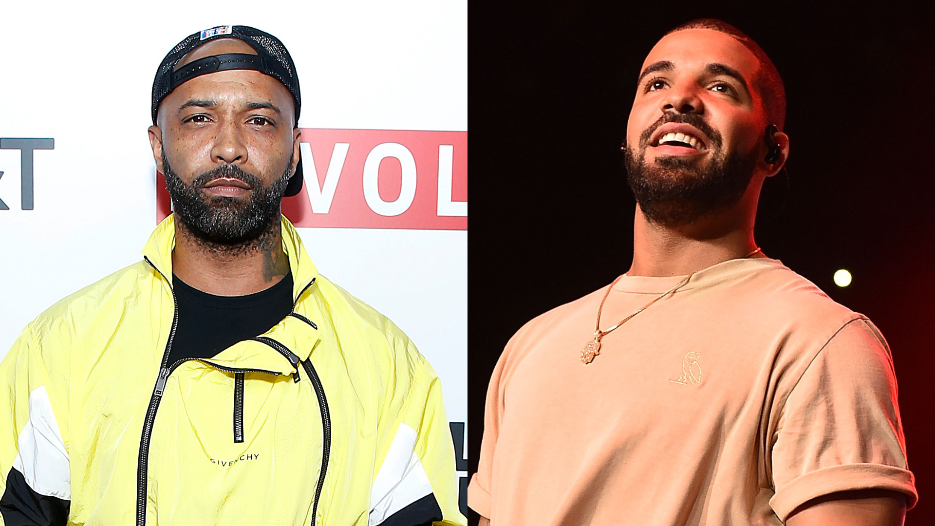 Joe Budden in a yellow jacket and Drake in a beige shirt, side by side.