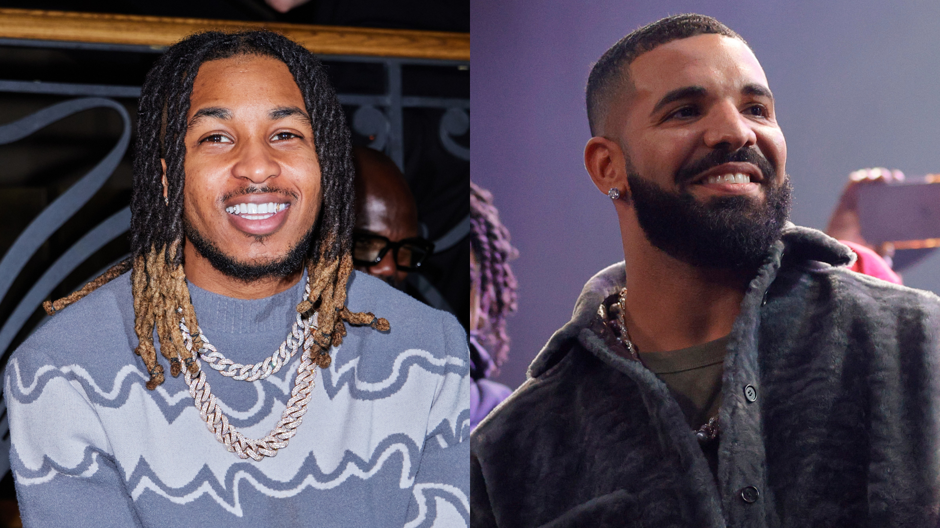 Two images side by side: DDG wearing a patterned sweater with chains, and Drake smiling in a dark jacket.
