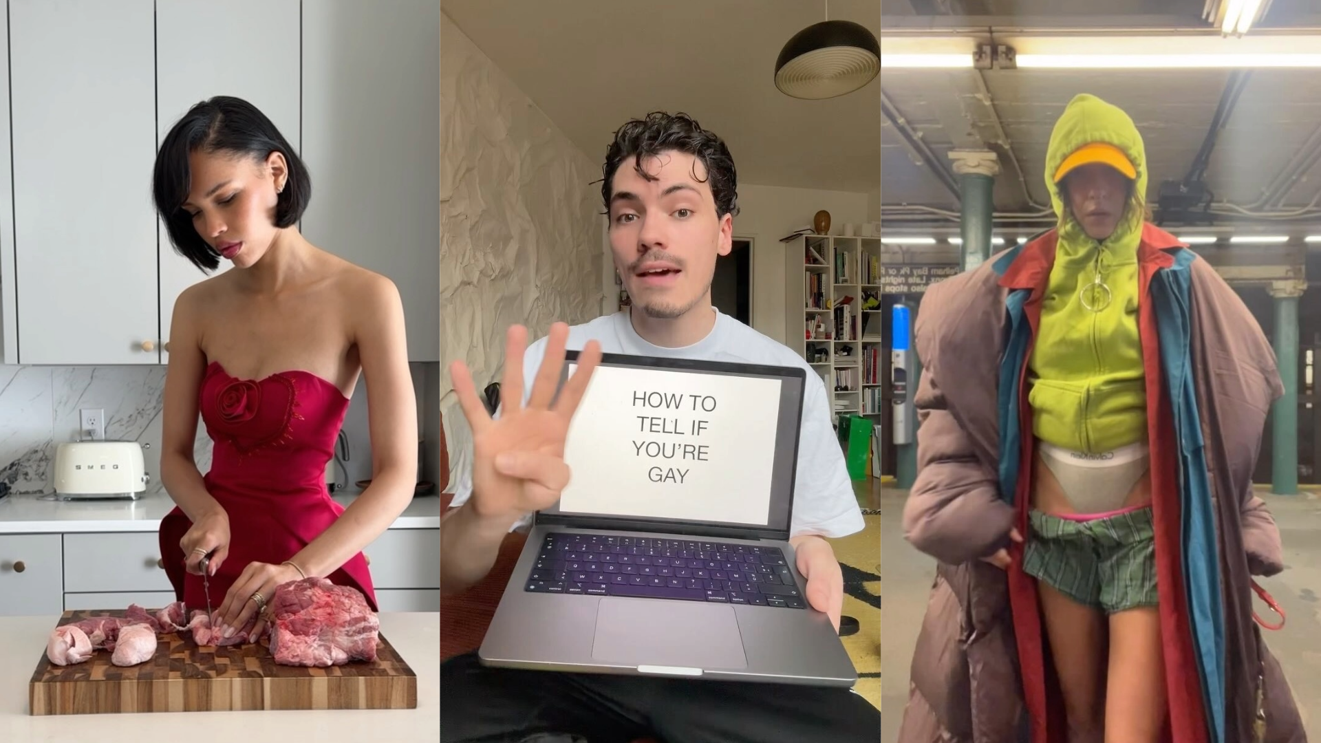 A woman in a red dress cutting meat, a person holding a laptop with "HOW TO TELL IF YOU'RE GAY," and a person in layered clothing in a subway.