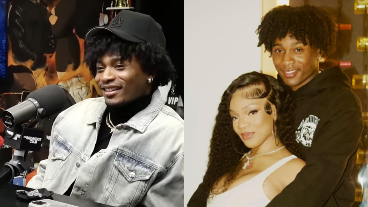 Da'Vinchi in a denim jacket and hat speaks into a microphone. Next to him, he poses with GloRilla in a white dress, both smiling.