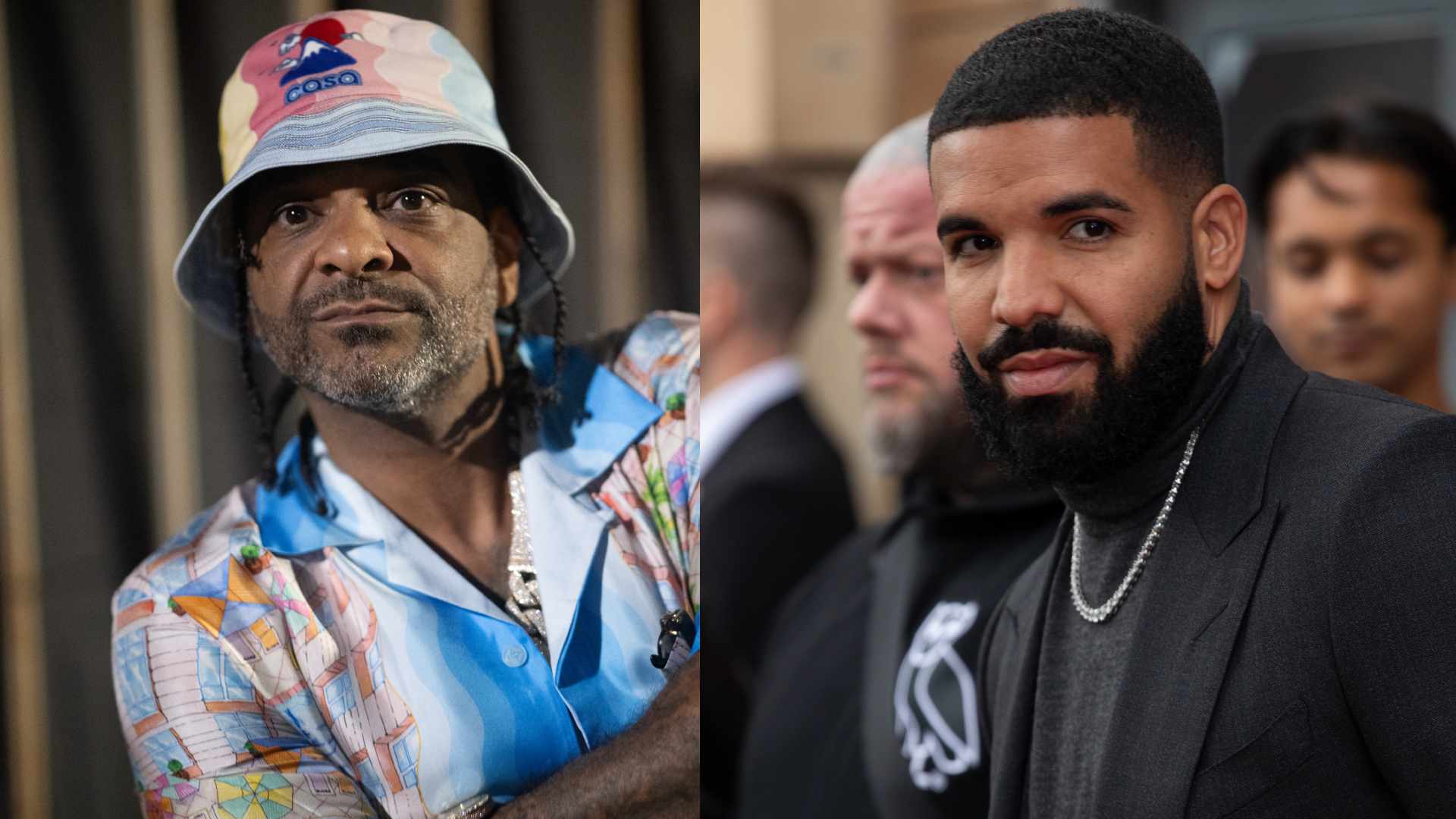 Jim Jones in a colorful shirt and bucket hat, and Drake in a black suit with a chain necklace, standing in an outdoor setting.