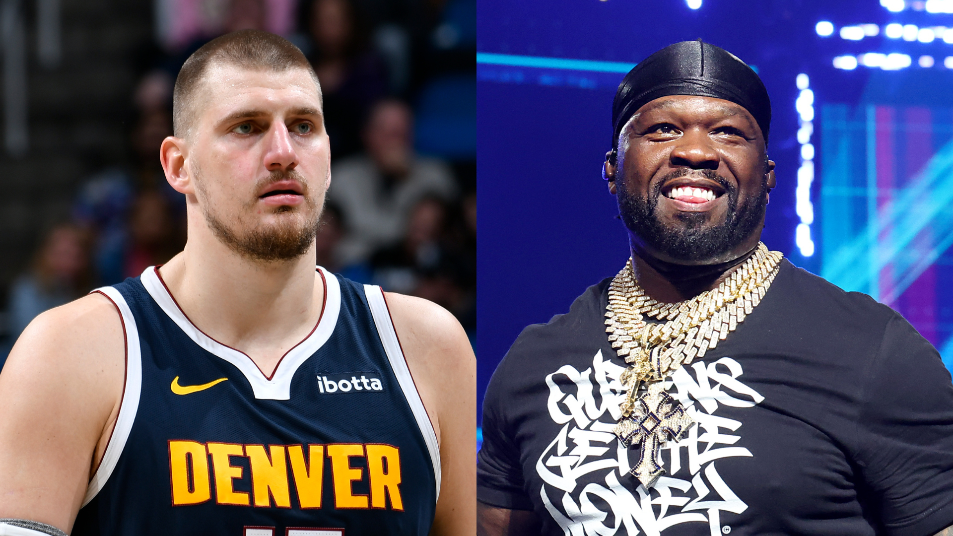 (L) Nikola Jokić in a Denver Nuggets jersey. (R) 50 Cent wearing a black shirt with gold chains, smiling on stage.