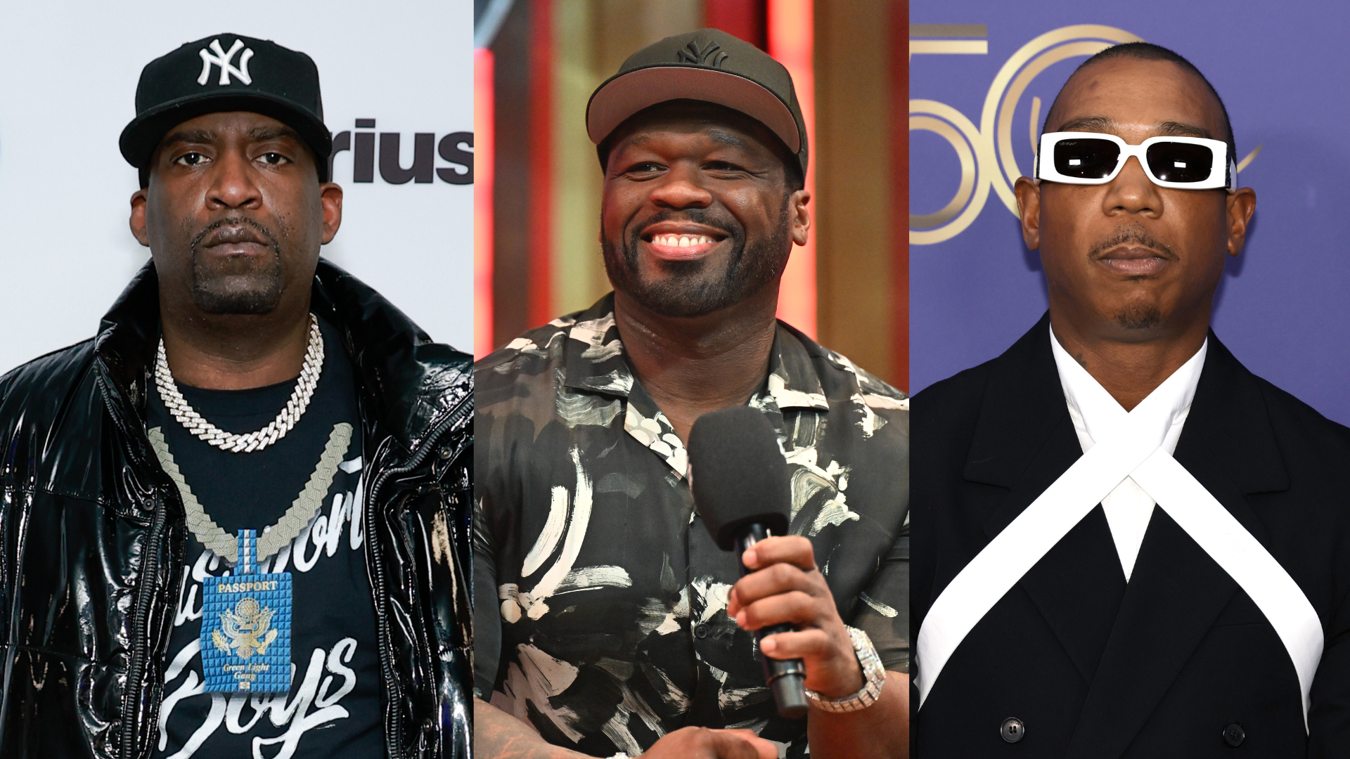 Tony Yayo, 50 Cent, and Ja Rule are pictured. Tony Yayo wears a black jacket, 50 Cent smiles holding a mic, and Ja Rule wears sunglasses.