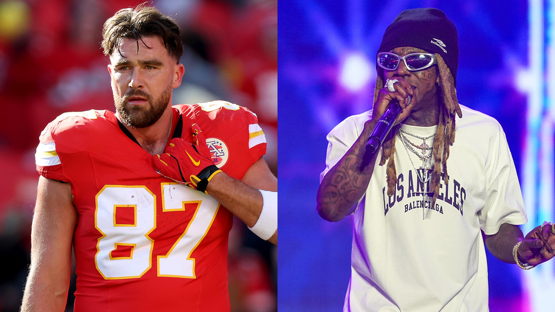 Travis Kelce and LIl Wayne in a split image.