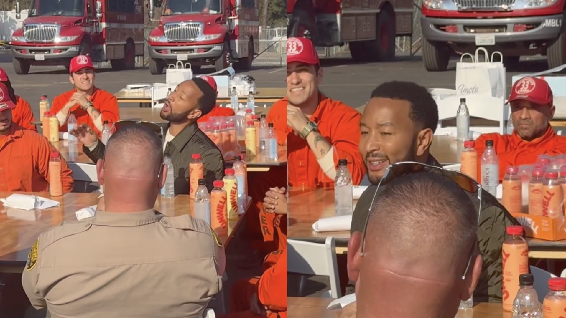 John Legend sitting and speaking with incarcerated firefighters who have been battling Los Angeles wildfires.