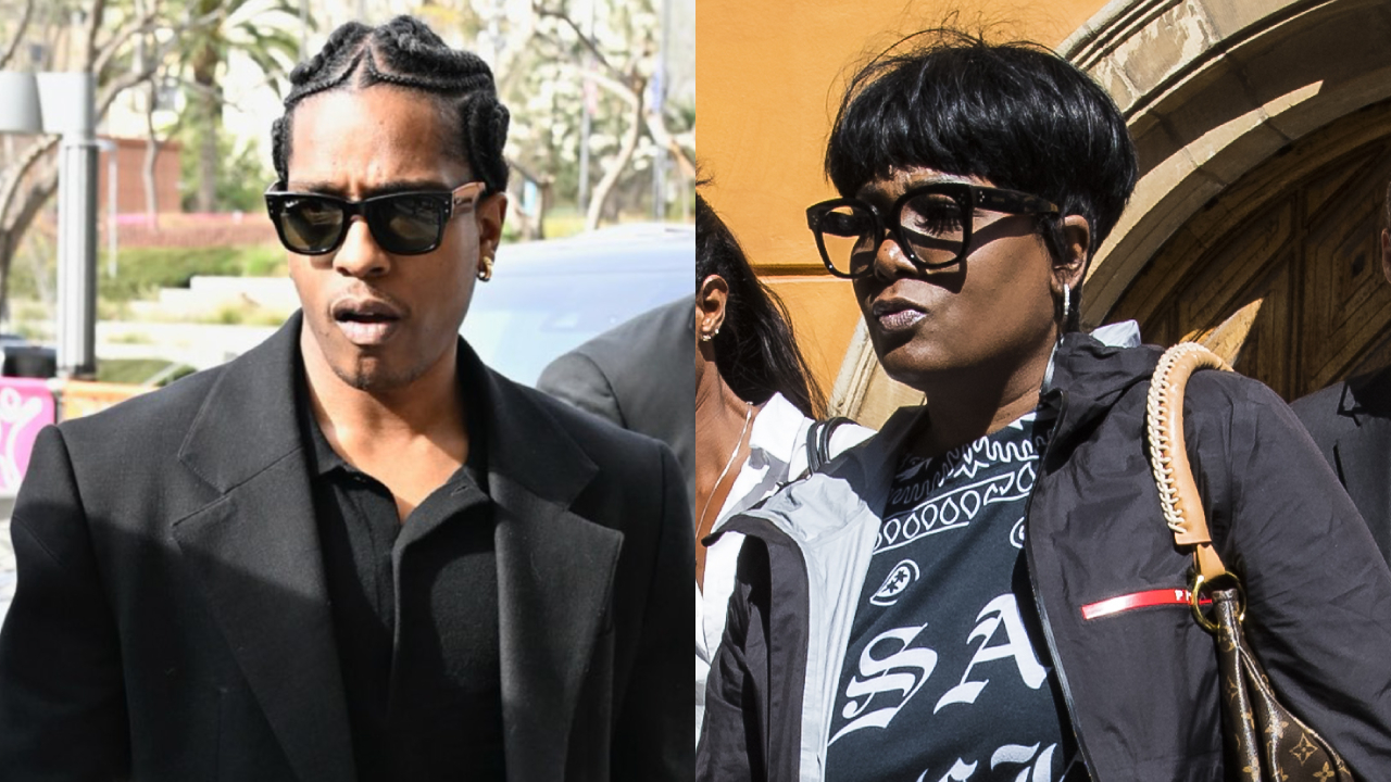 Split image: A$AP Rocky on the left wearing sunglasses and a black coat; his mother, Renee Black, on the right with short hair and sunglasses, dressed in casual attire.