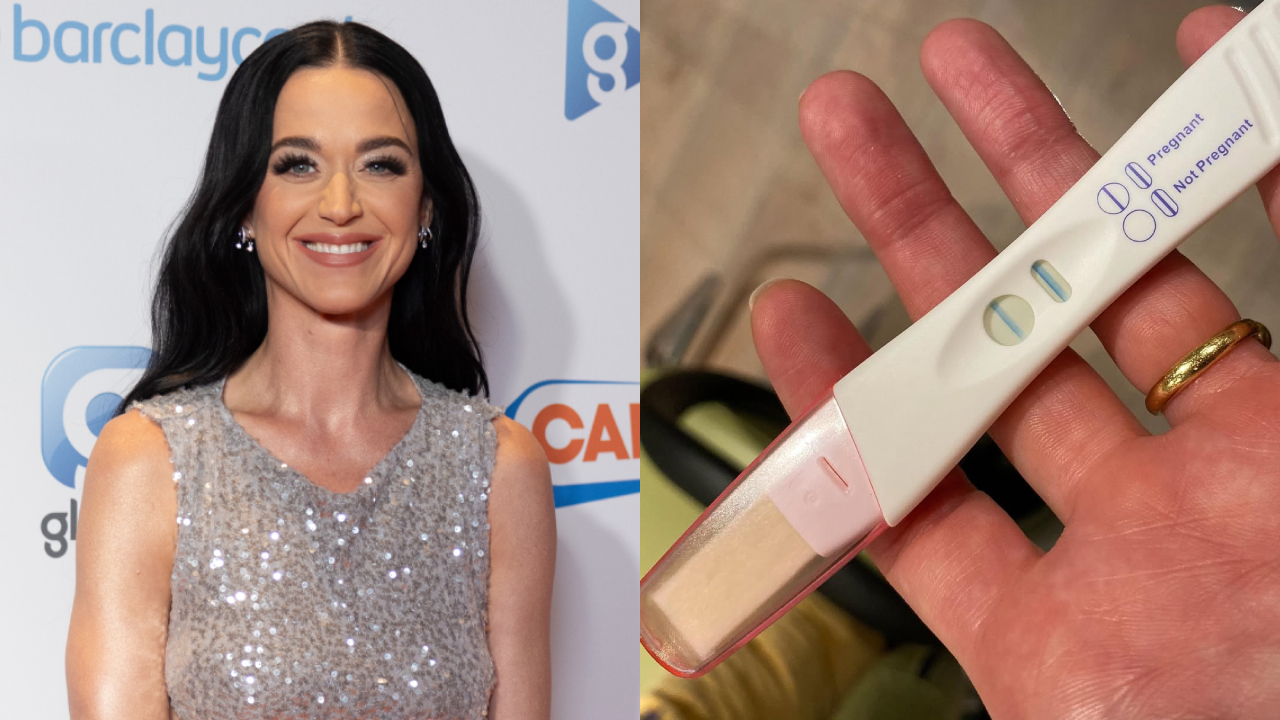 A woman in a sparkly dress on the left and a hand holding a negative pregnancy test on the right.