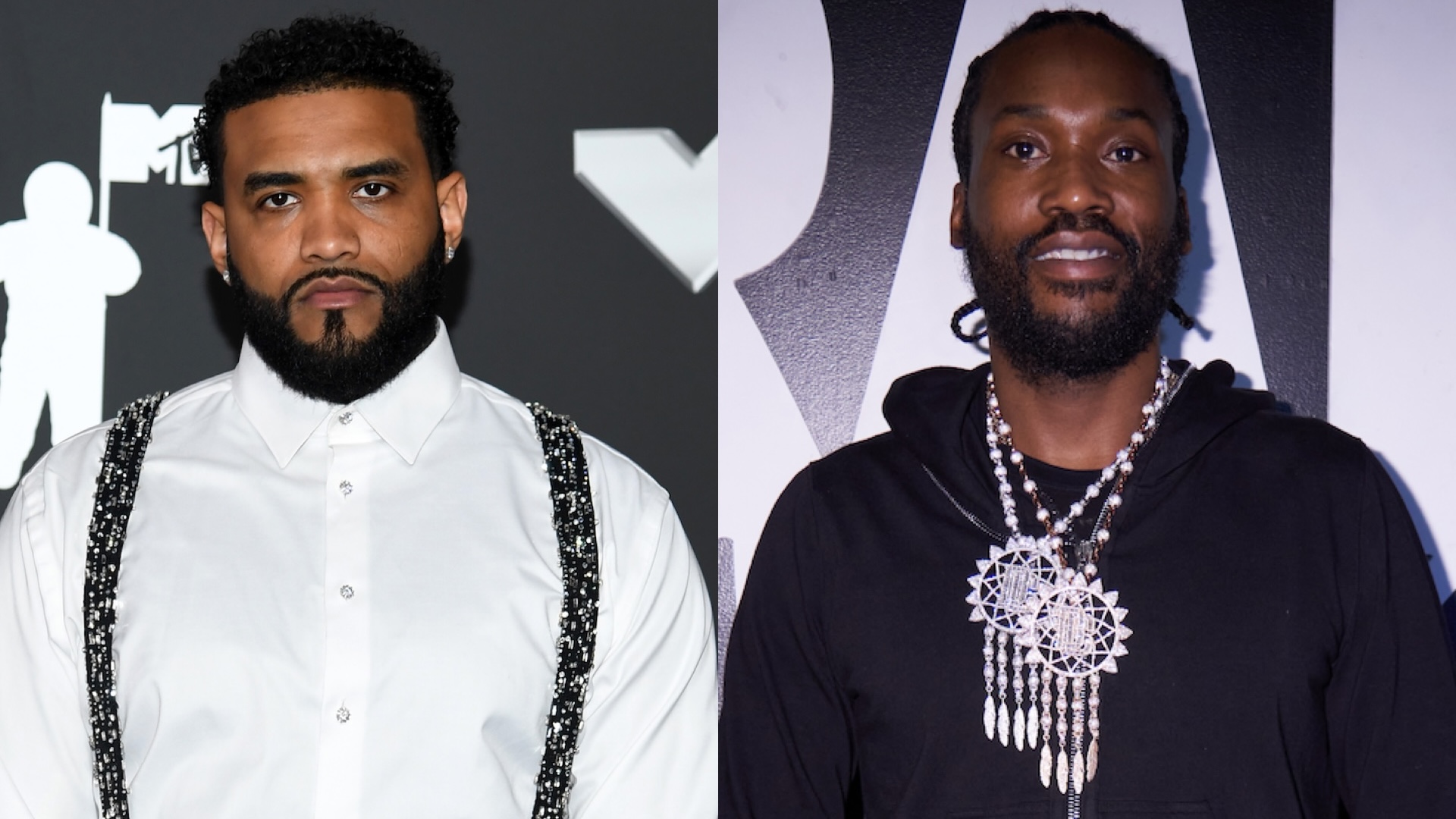 Joyner Lucas in a white shirt with suspenders and Meek Mill in a black hoodie with a large necklace, both at an event.