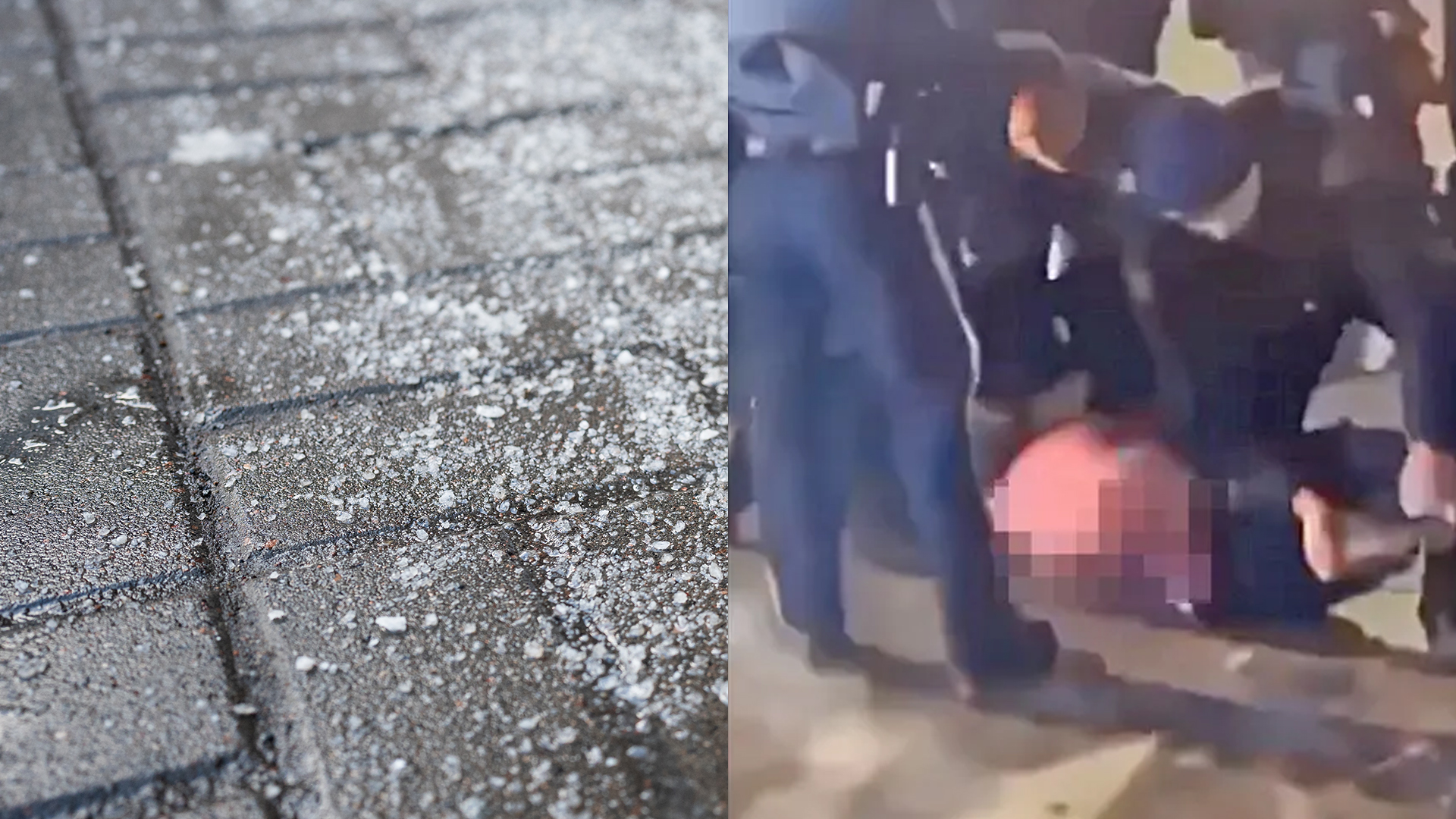 A stock photo showing an icy sidewalk alongside a censored photo of a man with his genitals stuck to a a sidewalk in Alberta, Canada.