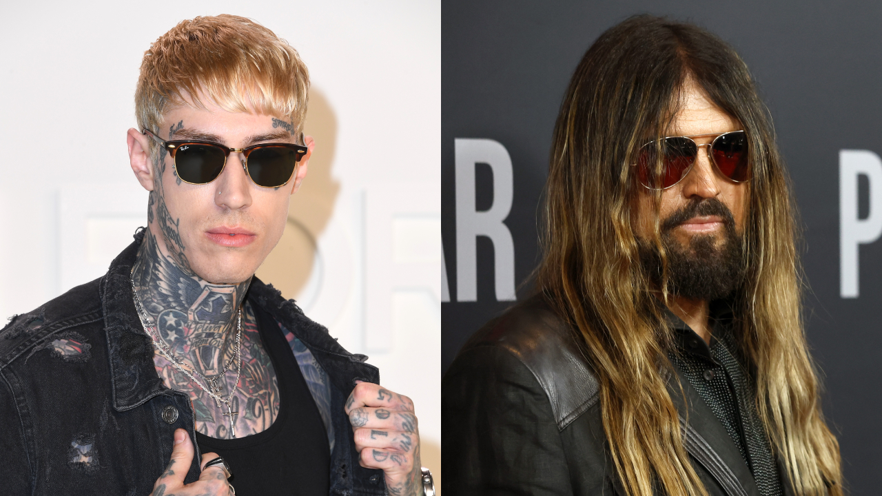 (L) Trace Cyrus with short blond hair and tattoos, wearing a denim jacket. (R) Billy Ray Cyrus with long hair and a beard, in a leather jacket.