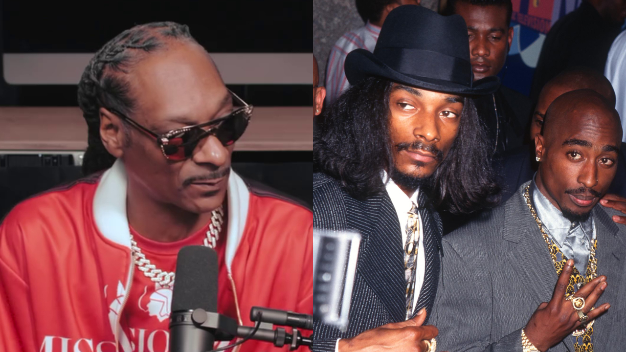 Snoop Dogg wearing a red jacket and sunglasses in 2025 on the left; Snoop Dogg and Tupac Shakur dressed in suits in 1996 on the right.