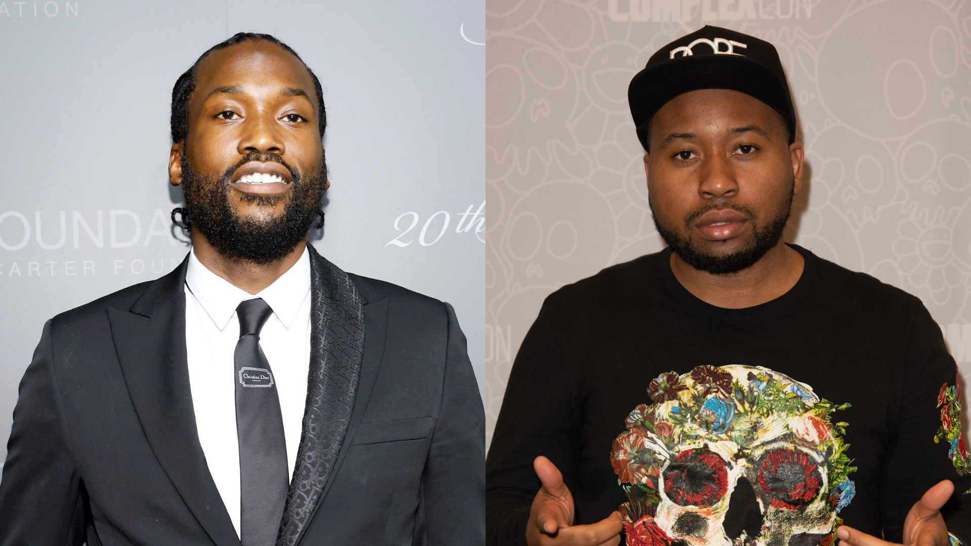Two men side by side: on the left, a man in a suit and tie; on the right, a man in a black cap and graphic shirt.