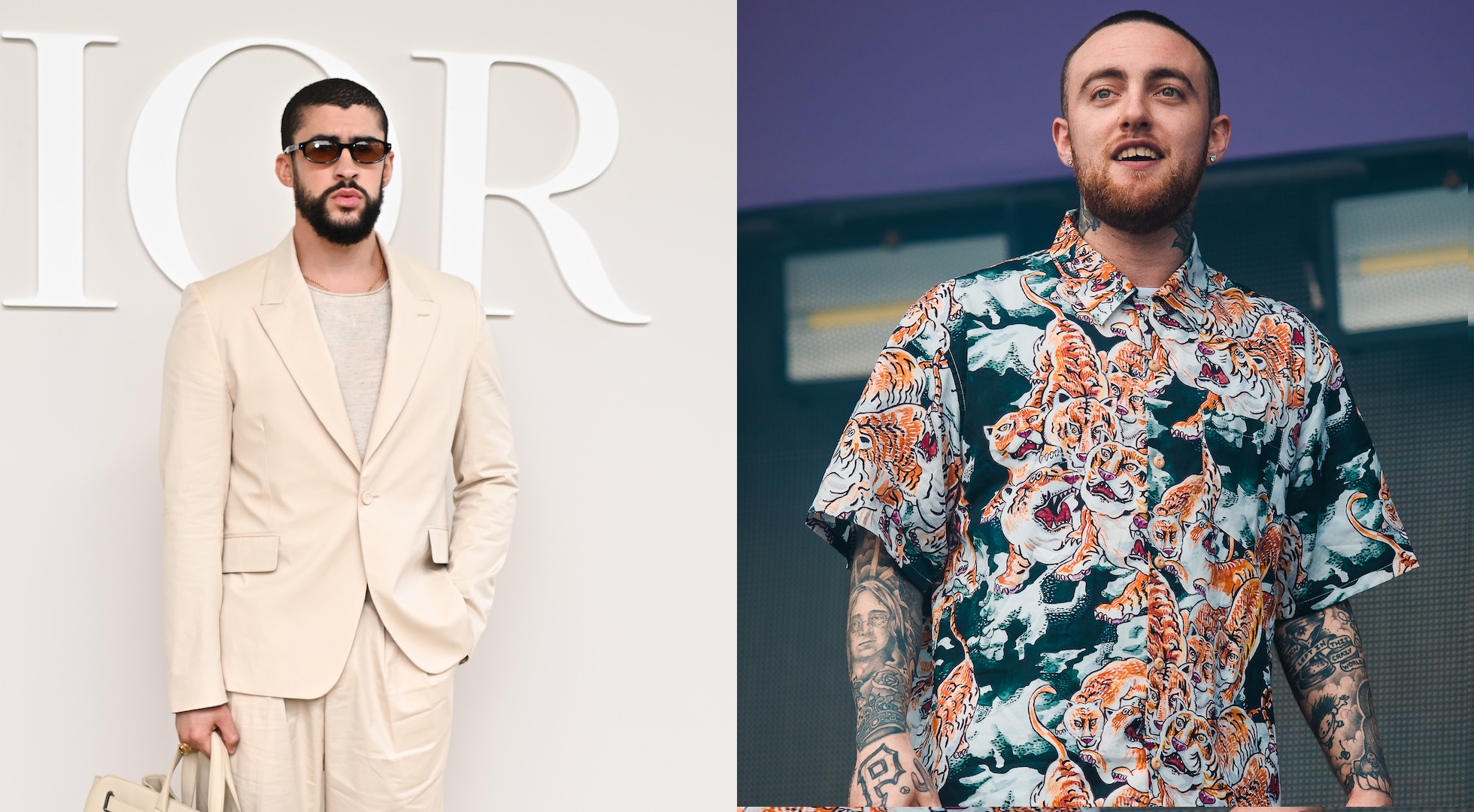 Bad Bunny in a beige suit at a Dior event; Mac Miller in a patterned shirt performing on stage.