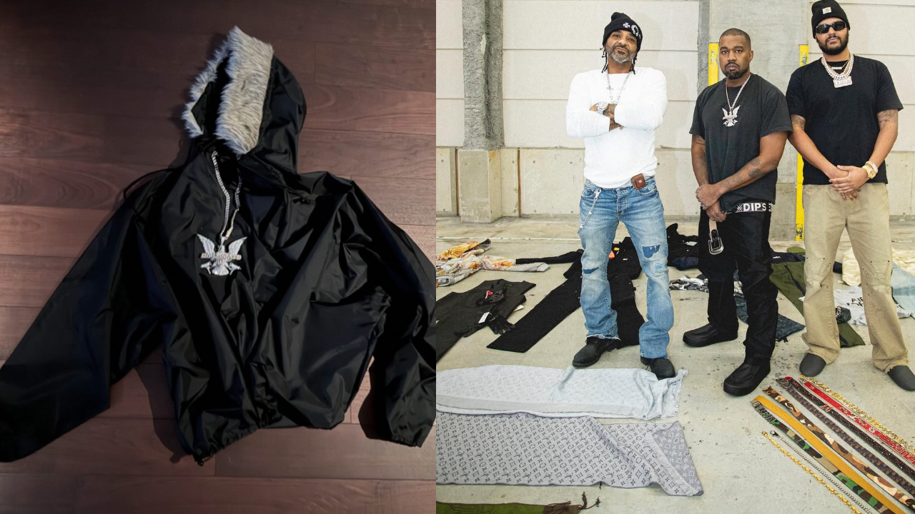 A black jacket with a fur-lined hood and a star pendant on the left, and Jim Jones, Ye standing together on the right.