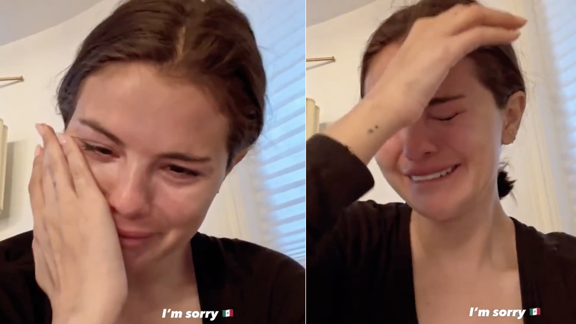 Selena Gomez appears emotional, wiping tears with her hand. The text "I'm sorry" is visible on both images.