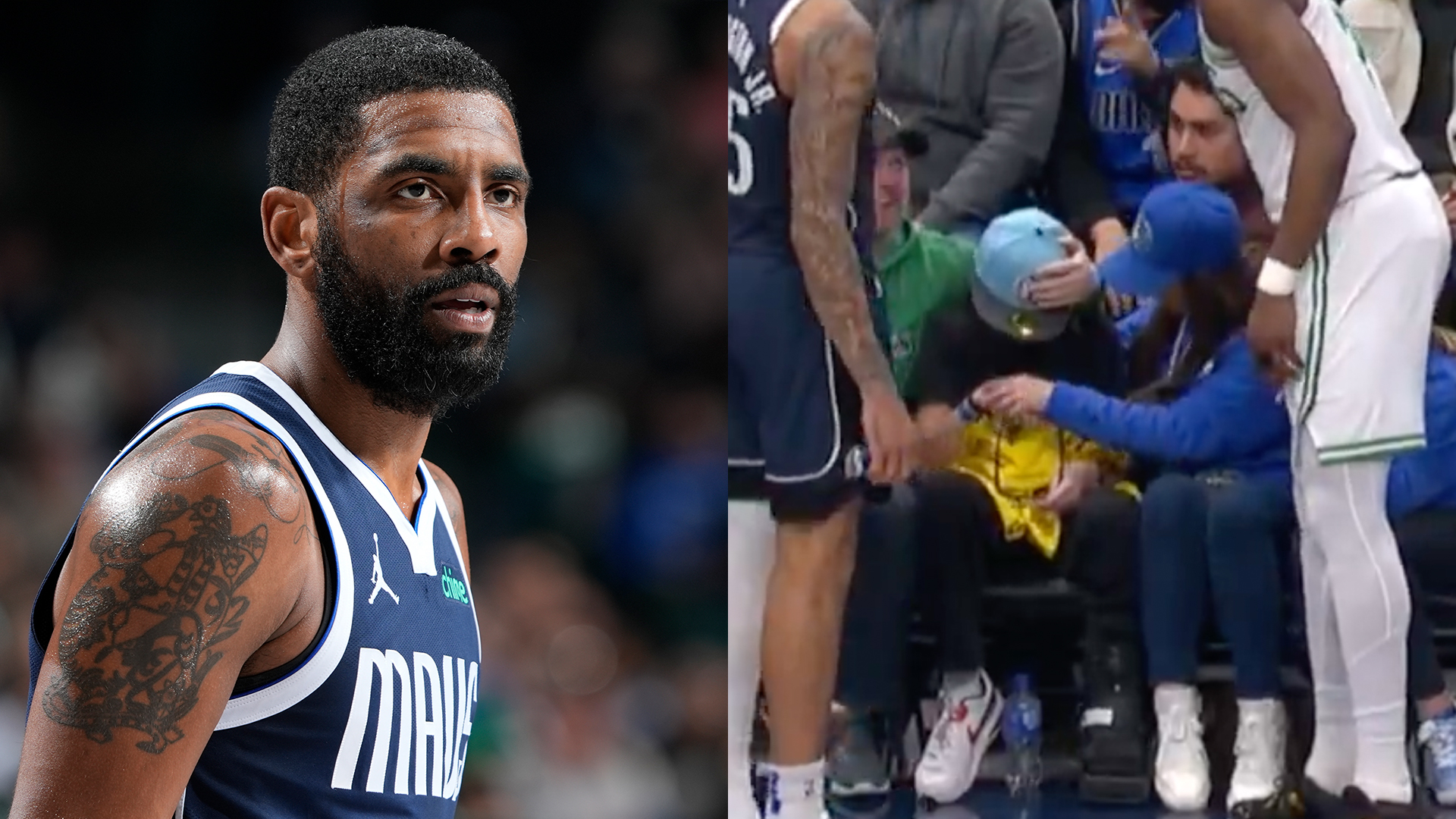 Kyrie Irving During a game between the Dallas Mavericks and the Boston Celtics. A screenshot of a young fan who got hit in the face by a pass Irving made during the game.